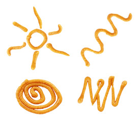 Set of mustard drips on white background