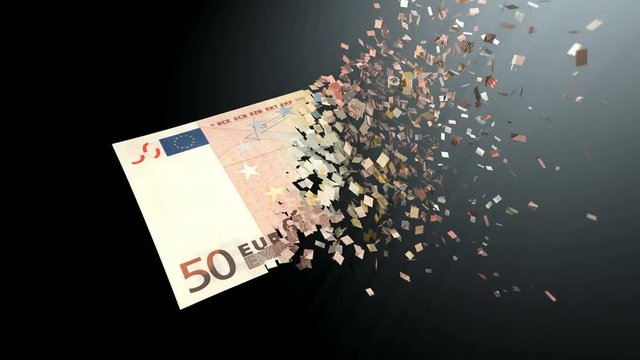 4K 3D rendering animation. The dematerialization of money, Euros are dematerialized on a black background.
