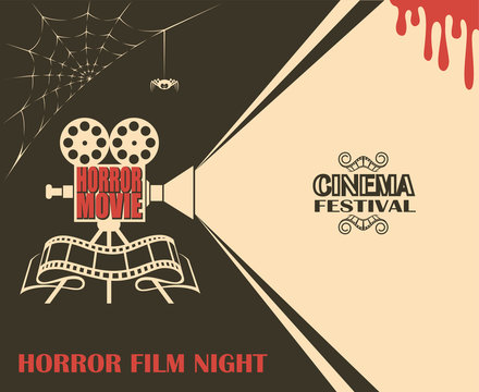 horror night cinema poster with retro movie projector background