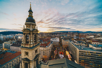 Budapest as seen from the St Stephen Basilica tower with christmas market in front of the church