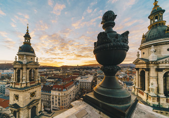 Fototapeta na wymiar Sunset over Budapest seen from the Saint Stephen Basilica tower