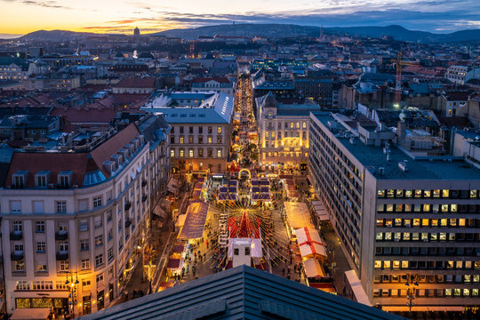 Christmas market in Budapest in Saint Stephen square aerial view