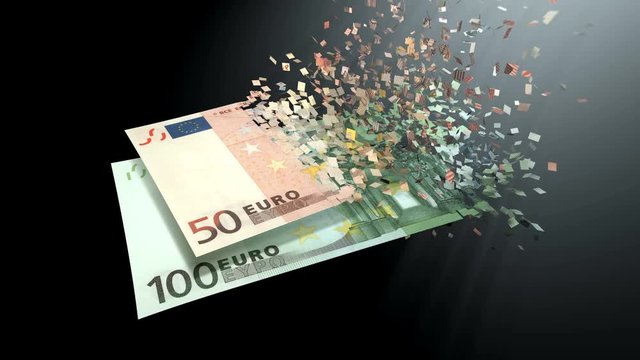 4K 3D rendering animation. The dematerialization of money, Euros are dematerialized on a black background.