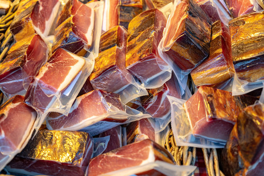 Austrian and German traditional smoked ham Speck sold in Salzburg