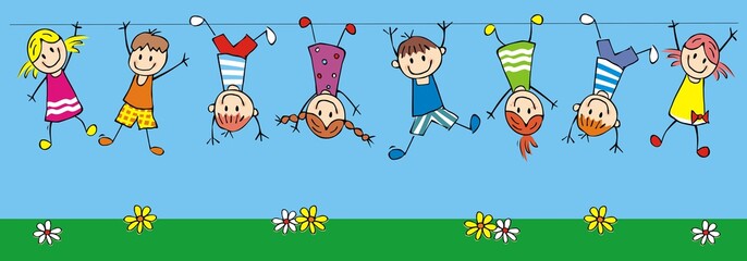 Hanging happy kids, funny vector illustration. Group of girls and boys on the cords. Romping children on the meadow with flowers. Happy postcard for children, concept. © janista
