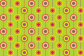 Seamless repeating background of multicolored circles and dashed lines