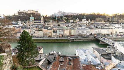 Salzburg city panorama at sunset