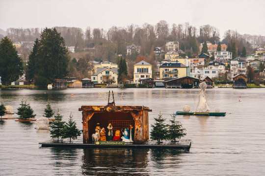 Advent nativity scene near Schlos Ort Castle in Gmunden, Austria