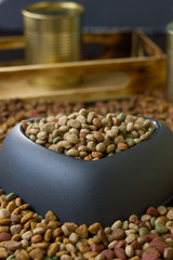Heart pet bowl filled by dry pet food.
