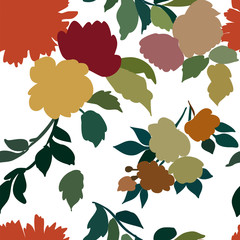 Silhouettes of different flowers and leaves hand drawn.Vector floral seamless background pattern for wallpaper, textile prints, fabric...