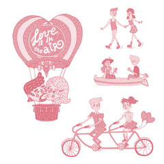 Happy young couples in outdoor activities. Valentine's Day illustration. Red and pink colors