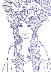 Illustration of charming fantasy woman - fairy with long hair. Isolated figure. Outline art