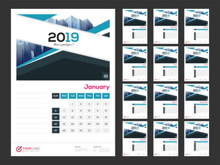 2019 yearly wall calendar design with space for your notes and images.