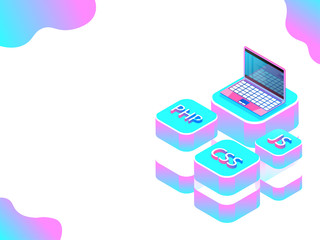 Isometric illustration of laptop with different coding languages on abstract white background.