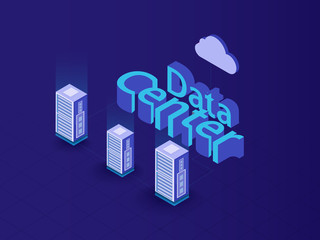3D text Data Center with web servers on blue background isometric design for Data Center and Storage concept.
