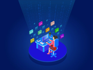 Isometric illustration of analyst or developer searching the problem on laptop, different programing languages for Web Developing concept.