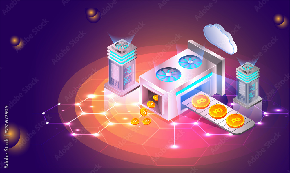 Wall mural cryptocurrency exchange web template design with crypto and data servers on digital glowing backgrou
