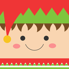 Cute xmas elf square head vector illustration icon. Christmas north pole santa's helper, simple dwarf face with eyes, mouth, cheeks, jingle bell hat and sweather.
