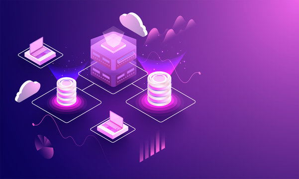 3D illustration of laptop and database connected with cloud server for Data center concept based isometric design.