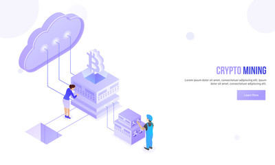 Fototapeta na wymiar Crypto Mining concept based isometric design, miniature people working, bitcoin server connected cloud server on abstract white background.
