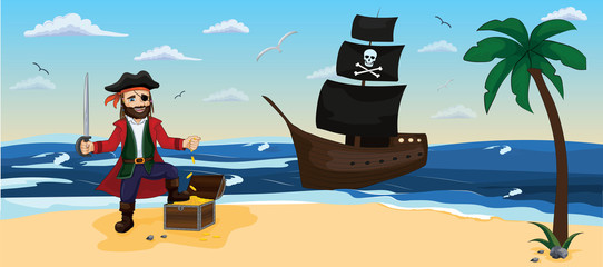 A pirate is standing at  chest with gold against the background of a pirate ship with black sails and a skull. Pirate treasure. Horizontal format. Children illustration. Used for banner, poster, wal