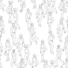 Fototapeta na wymiar Seamless pattern with business people walking. Sketch style illustration with men and woman.