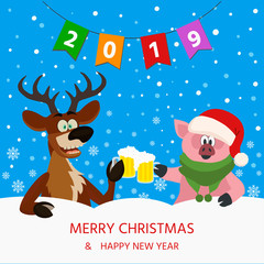 Fototapeta premium Merry Christmas and a Happy New Year 2019. Cute Christmas pig and reindeer with beer. Vector illustration can use for banner, presents, interior design.