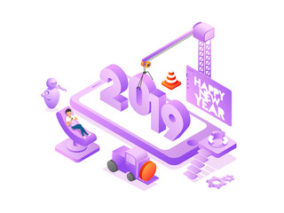 Isometric illustration of smartphone with text 2019 on white background for Happy New Year celebration concept.