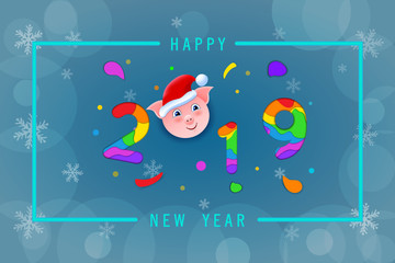 2019 Happy New Year paper craft holiday blue background. Vector winter holiday party invitation with paper cut numbers 2019, cartoon pig, snowflakes. Design for seasonal flyers, banners, posters. Xmas