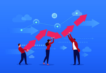 Businessman using small arrow puzzle bigger arrow