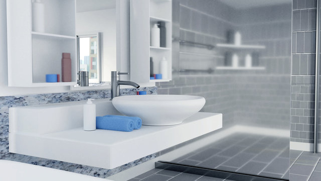 3D Rendered Bathroom Interior Design With Blue Towels