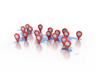 3d rendering Red map pointer with world map