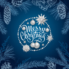 Fototapeta na wymiar Merry Christmas card with realistic silver balls, stars in round frame. Sketch of different branches of fir tree, cedar, pine, hawthorn and cones on blue background. Elegant lettering