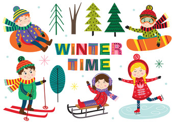 set of isolated winter time with kids part 1  - vector illustration, eps