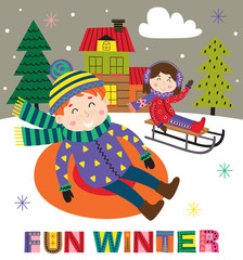 winter poster with kids on sled - vector illustration, eps