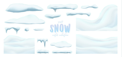 Vector collection of snow caps, pile, icicles, isolated on background, transparent, ice, snowball and snowdrift. 3d Winter decorations, Christmas, snow texture, white elements, holiday design. - obrazy, fototapety, plakaty