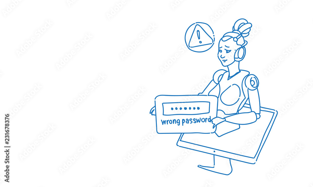 Poster modern female robot error wrong password login problem futuristic artificial intelligence technology