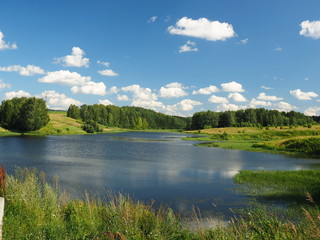 River, lake. Beautiful sky, clouds. Russian summer nature. Russia, Ural, Perm region