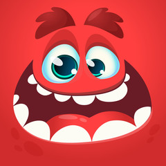 Funny cool cartoon monster face. Vector Halloween red monster character