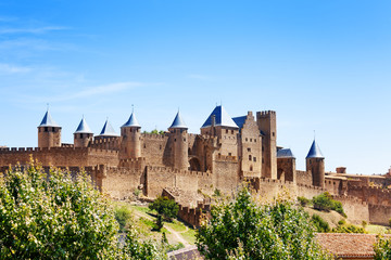 Fortified city of Carcassonne against blue sky