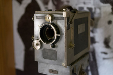 Close up of vintage camera in museum. Old camera.