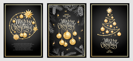 Set of three card Merry Christmas and Happy New Year. Christmas tree, golden glass balls, stars, sequins and elegant lettering on black background. Sketch of branches fir tree, cedar, pine and cones - 231679915