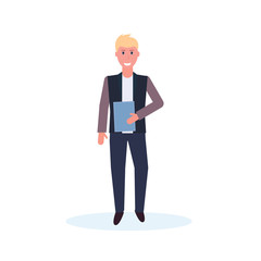 businessman holding folder standing pose happy man office worker male cartoon character full length isolated flat vector illustration