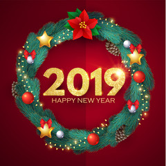 Happy New 2019 Year Realistic Christmas Composition with Fir Tree Branches, Glossy Toys, Cones, Poinsettia and Lights.