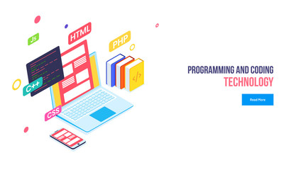 Programming and Coding Technology web banner design, Isometric laptop with different programing languages, books and smartphone illustration.