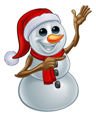 A Christmas Snowman cartoon character in a Santa Claus Hat Ponting his finger 