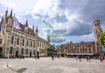 Gardinen Burg square with Town Hall, Basilica of the Holy Blood and Belfort tower at background, Bruges, Belgium © Mistervlad
