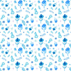 seamless pattern with blue flowers, leaves and snowflakes