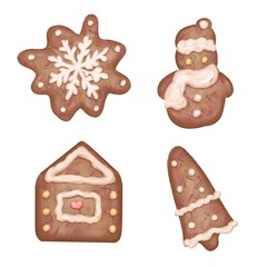 Set of four biscuit with beige cream: snowflake, snowman, house, fir, watercolor effect, christmas, new year collection of cookie,  food illustration for a greeting card, wrapping, print