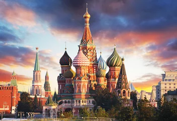 Türaufkleber Städte / Reisen Moskau, Russland - Blick auf den Roten Platz der Basilius-Kathedrale bei Sonnenaufgang, niemand